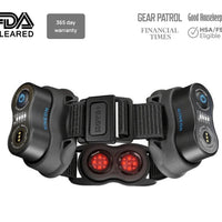 A black Move+ Pro light therapy device with red light panels, designed to be worn around the waist. It includes branding and text indicating FDA clearance, a 365-day warranty, and over 25,000 happy customers.