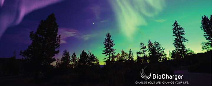 The Aurora Borealis with the BioCharger logo on the bottom right corner.